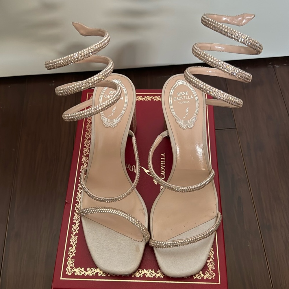 Rene Caovilla Cleo Block Heels - Beige